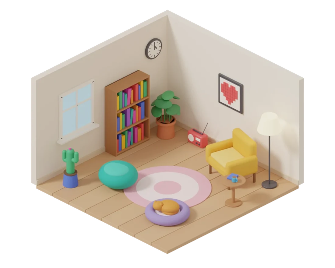 Your shared room after twelve solved puzzles, full of furniture and decor