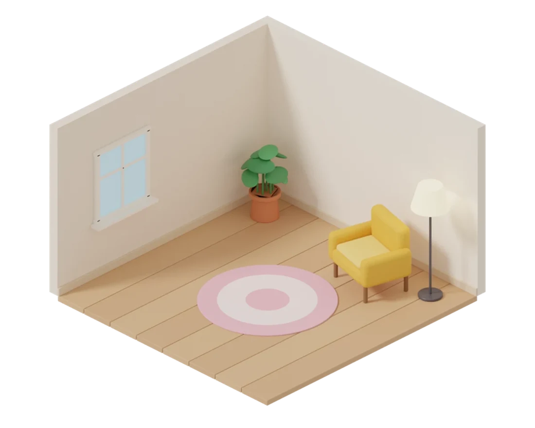 Your shared room after a few solved puzzles: a rug, a plant and an armchair